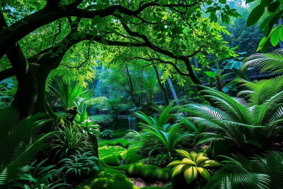 Vista de um jardim exuberante com samambaias