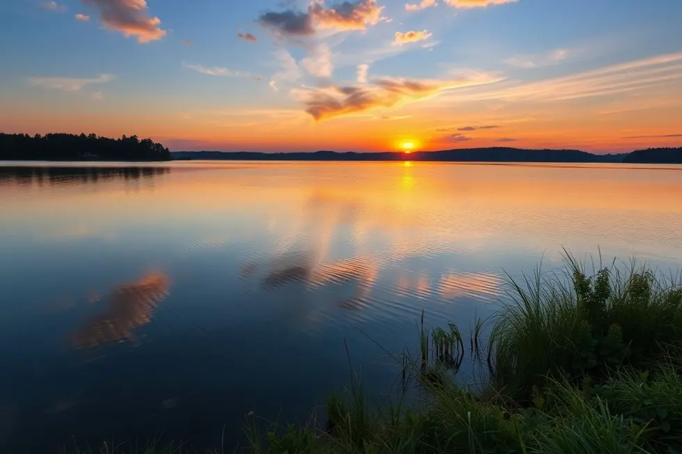 Cena relaxante de um pôr-do-sol sobre um lago representando a cura e o bem-estar