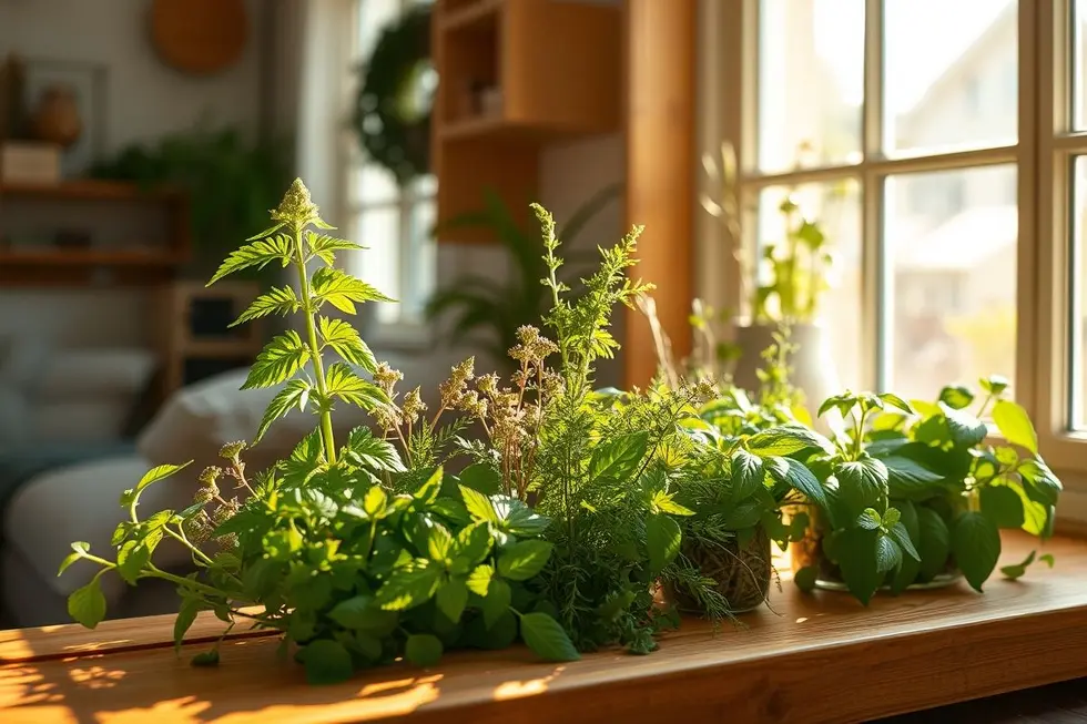 Ambiente interno com plantas medicinais iluminadas pelo sol.