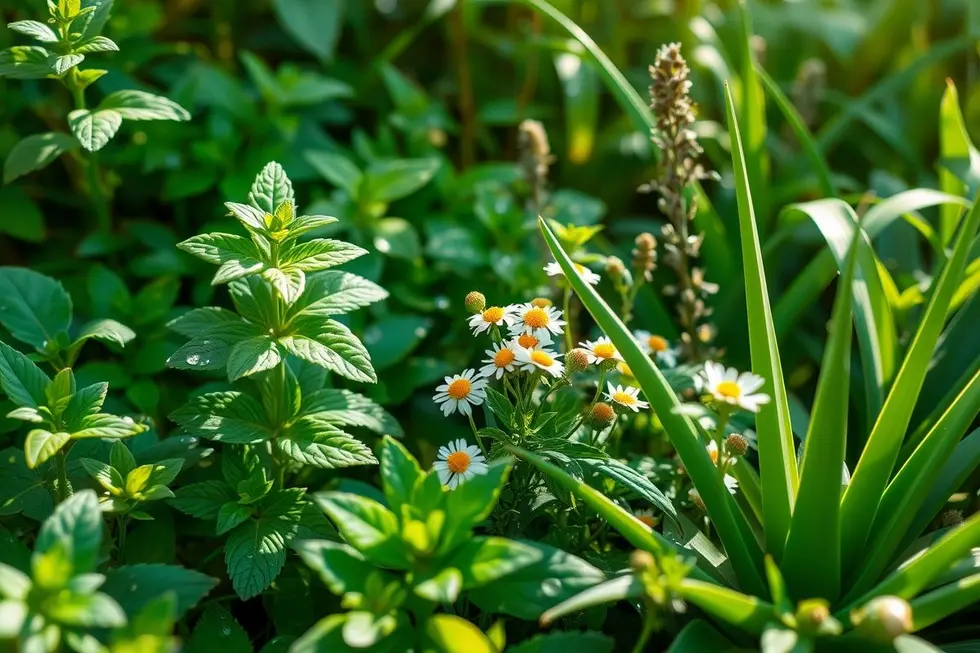 Cenário natural com ervas que ajudam no tratamento da herpes labial