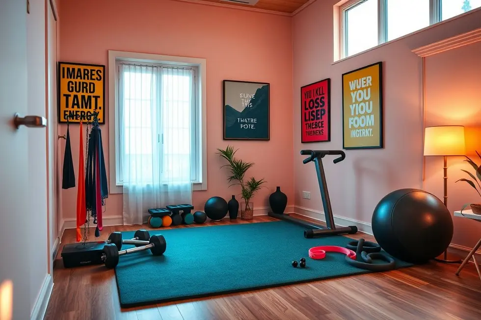 Espaço de treino em casa com equipamentos de exercício