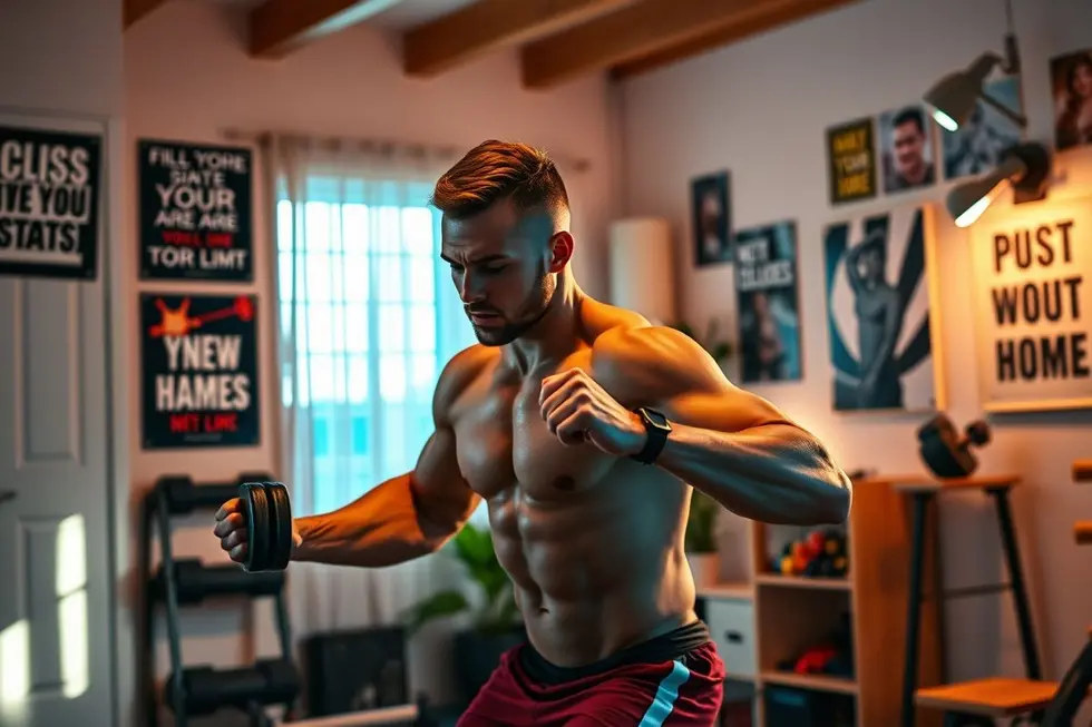 Cena motivacional de treino em casa, mostrando determinação e força