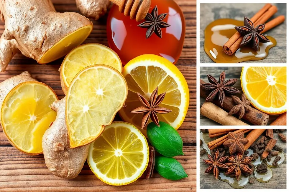 Colagem de ingredientes do chá de gengibre