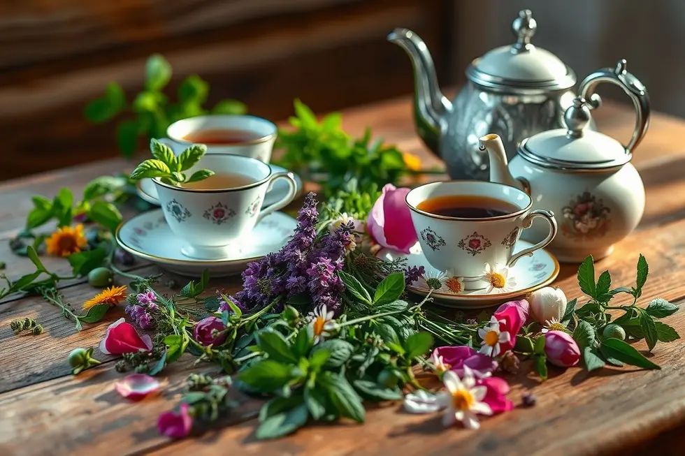 Um ambiente bonito de chá herbal com ervas e flores
