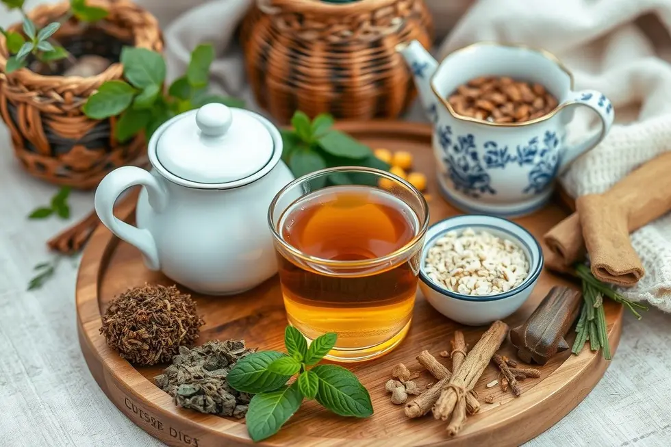 Uma mesa com chás naturais e ervas frescas