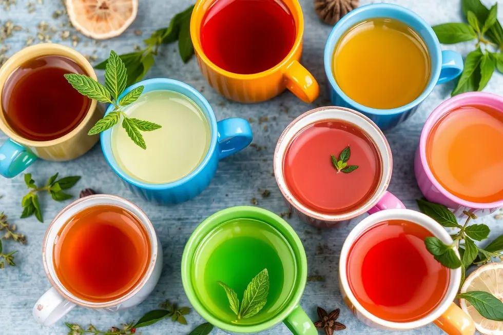 Diversos chás energizantes em xícaras coloridas.