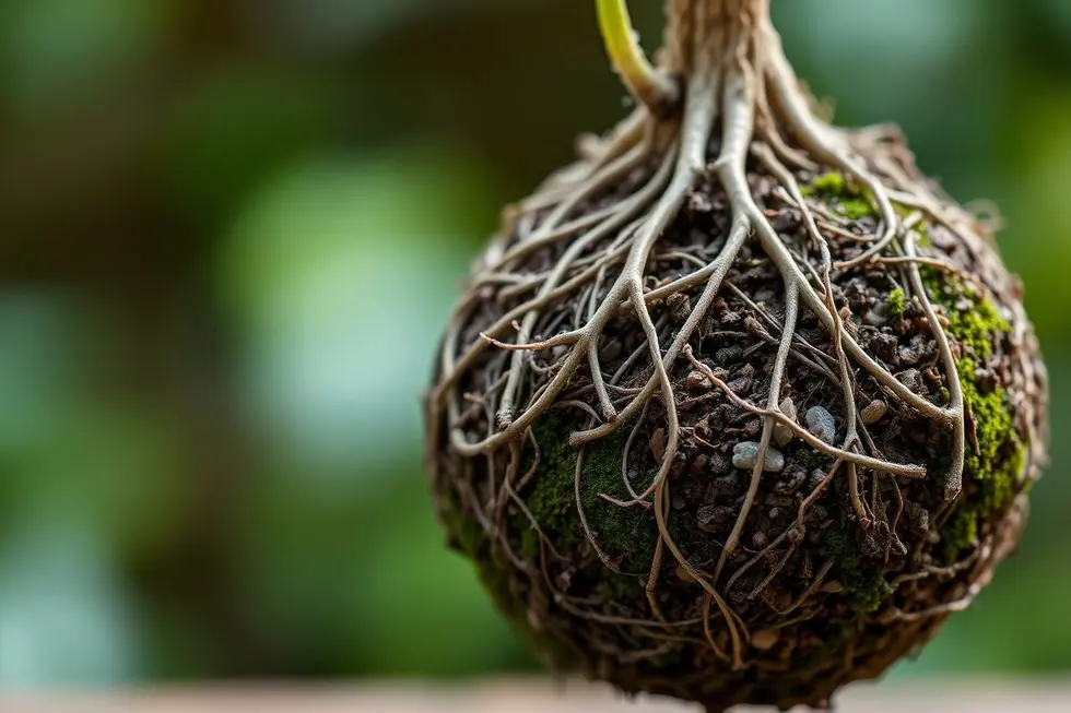 Close-up da esfera de substrato kokedama com planta