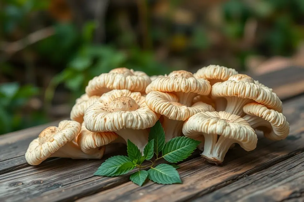 Cogumelos juba de leão em uma mesa rústica