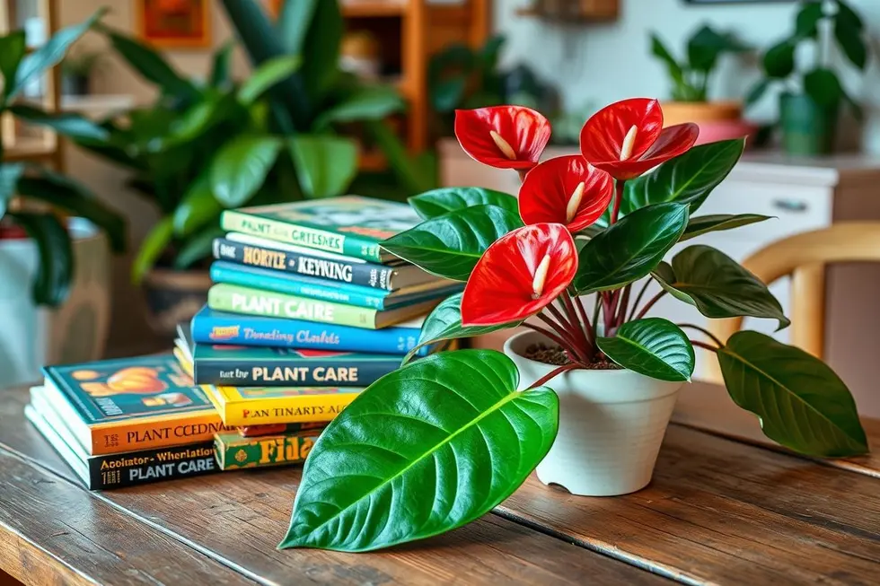 Livros vintage sobre jardinagem com um antúrio rabinho-de-porco em destaque.