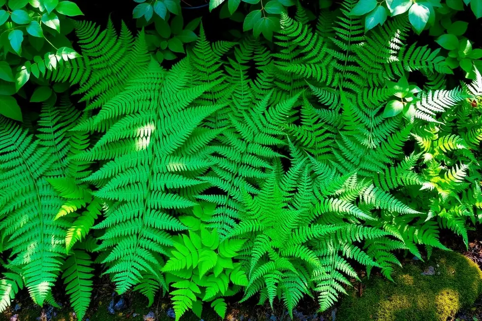 Uma coleção de variedades de samambaias em um ambiente iluminado