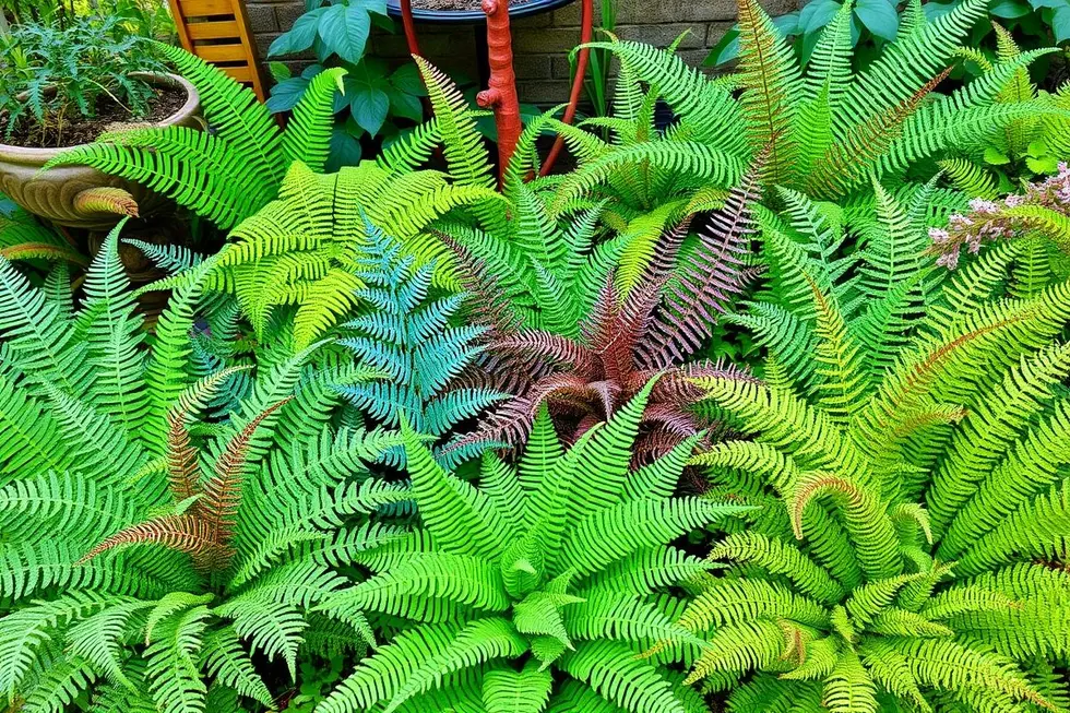 Diversas samambaias em um jardim, mostrando sua variedade e beleza.