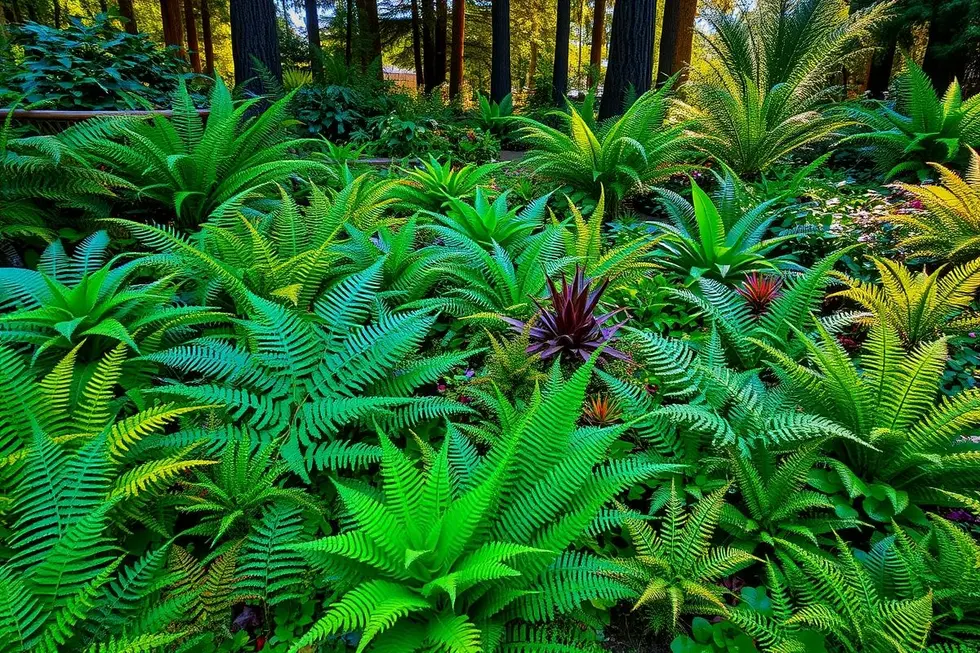 Diversas espécies de samambaias em um jardim bem cuidado