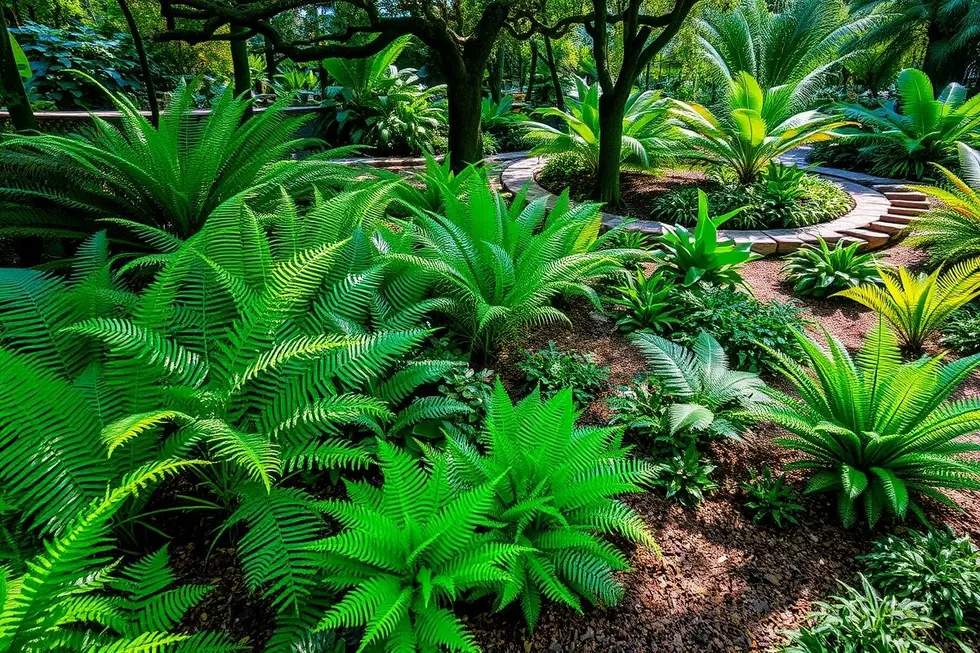 Coleção vibrante de várias samambaias exibidas em um lindo jardim