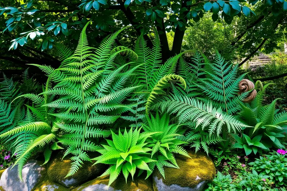 Diversas samambaias em um cenário de jardim