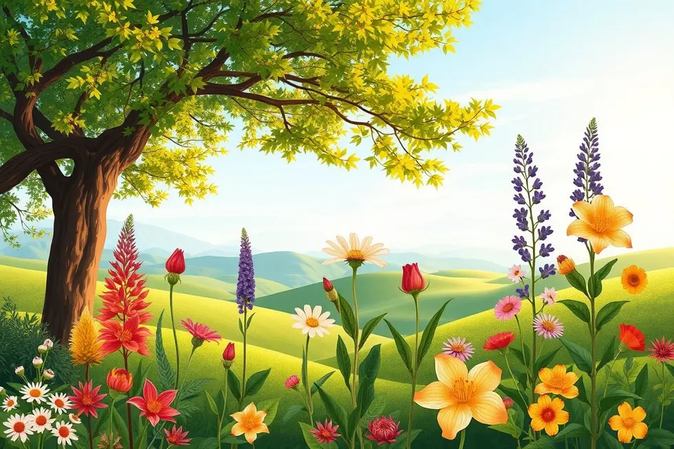 Coleção de várias plantas com propriedades medicinais em um ambiente natural