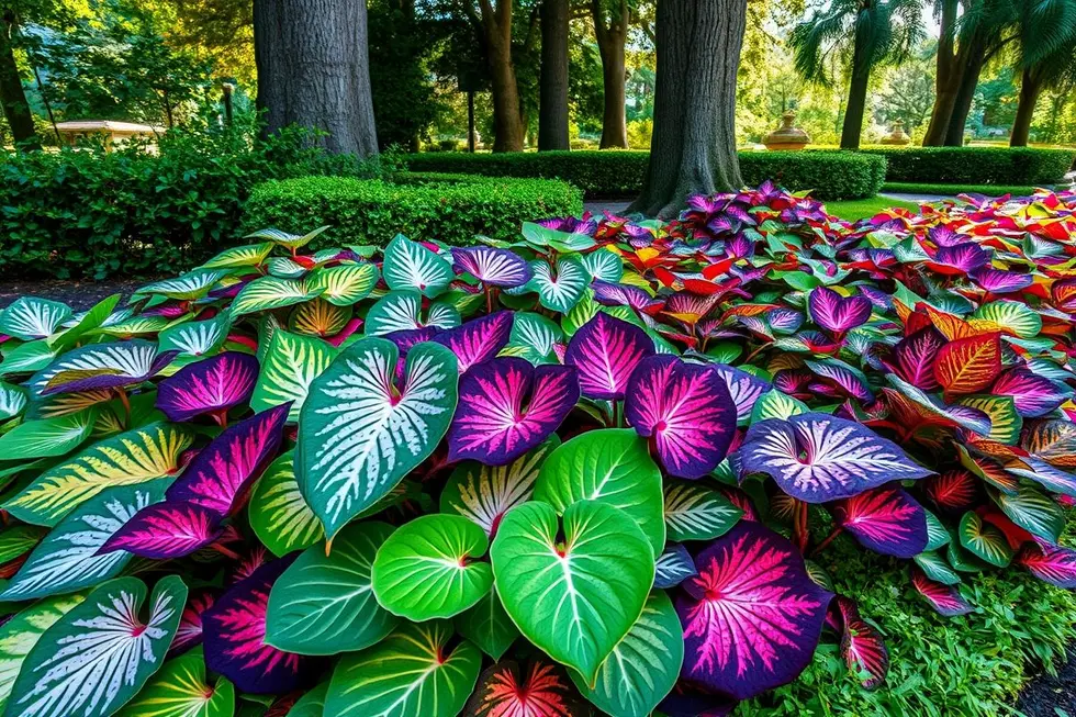 Coleção de diferentes variedades de caladium em um jardim