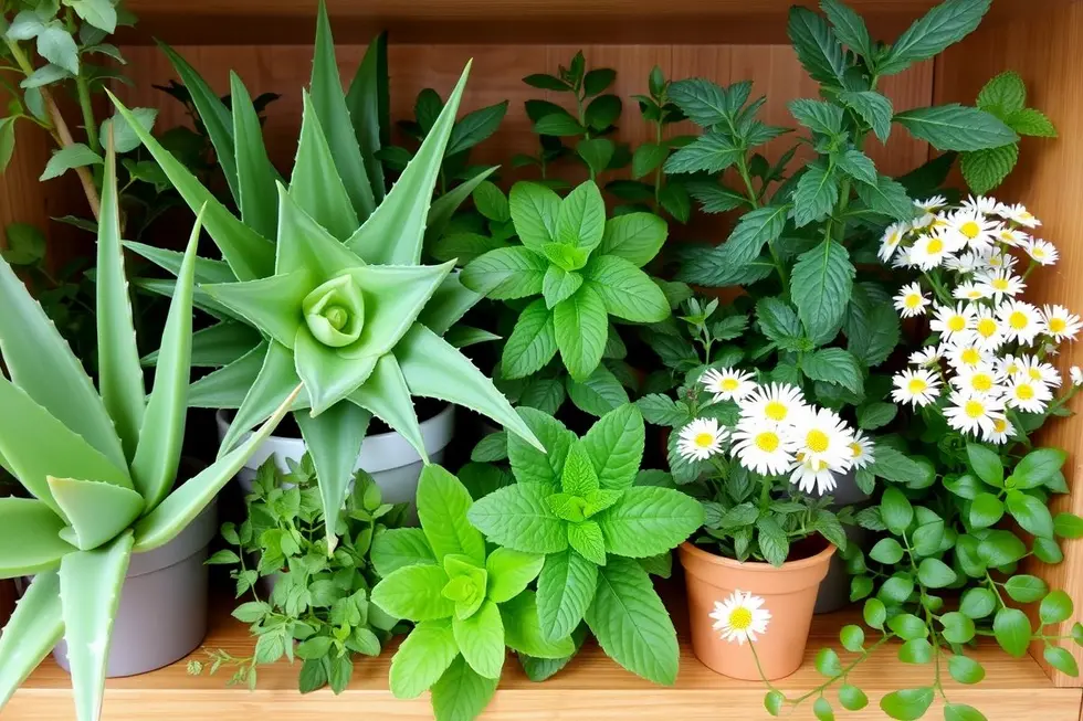 Diversas plantas medicinais em prateleira de madeira