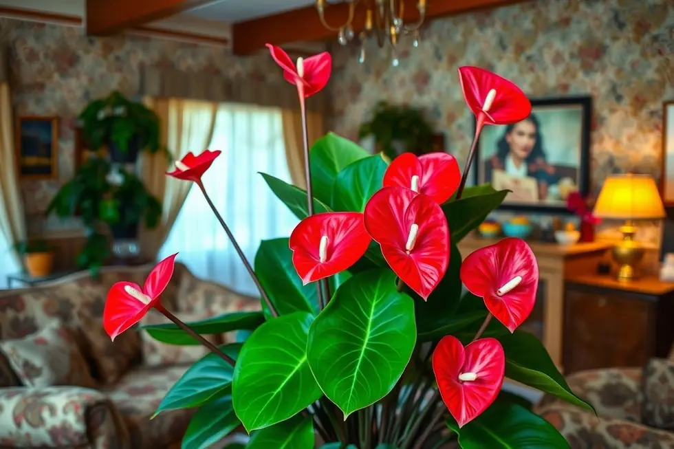 Decorative living room with bright anthurium plants, reflecting a retro style.