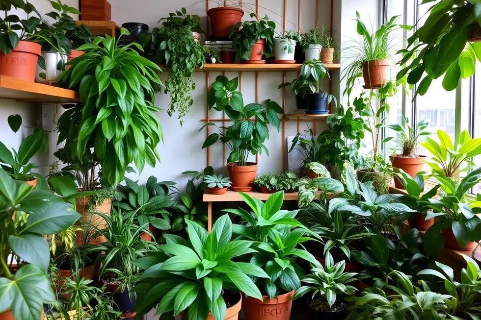 Imagem de um espaço interno aconchegante repleto de plantas
