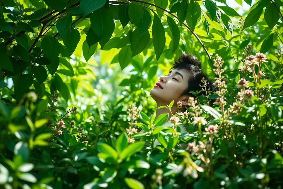 Pessoa em contato com plantas naturais para recuperação de saúde