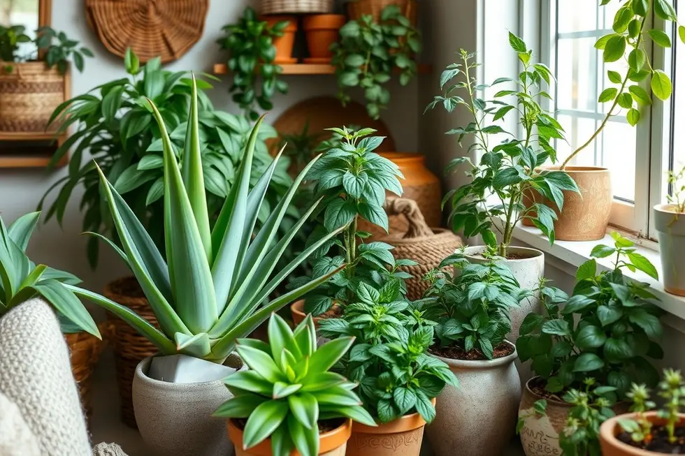 Imagem de uma coleção de plantas fáceis de cuidar em um jardim interno aconchegante