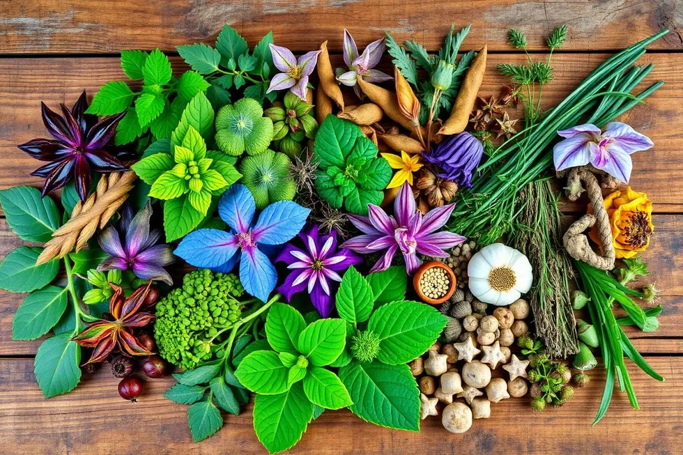 Um arranjo de várias ervas curativas sobre uma mesa de madeira, simbolizando terapias naturais.