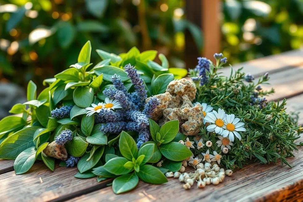 Arranjo de várias ervas medicinais em uma mesa de madeira.