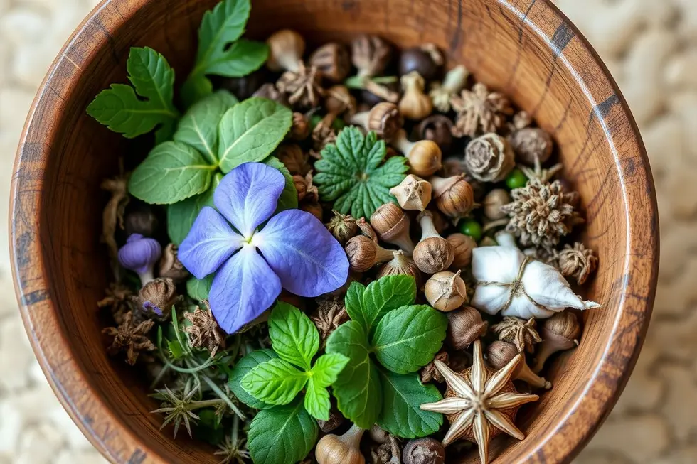 Uma coleção de ervas medicinais em uma tigela de madeira