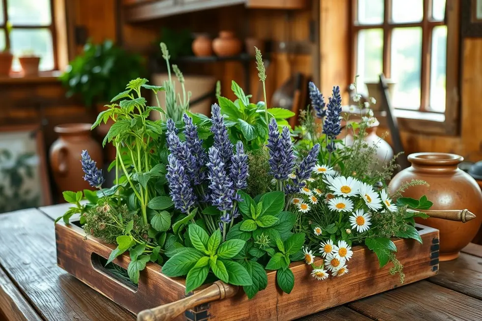 Várias ervas medicinais em um ambiente rústico.