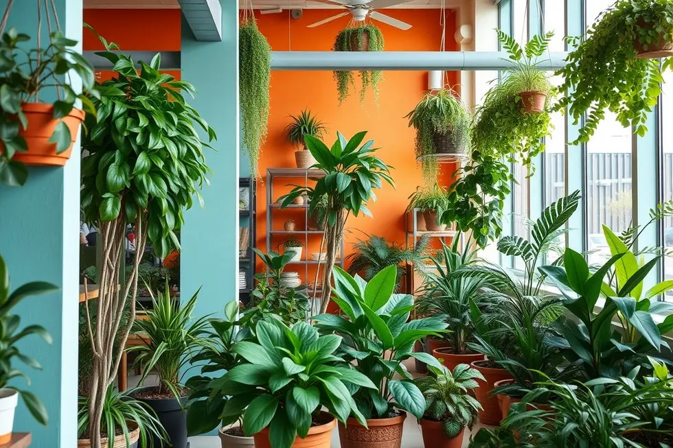 Espaço interno decorado com várias plantas de interiores