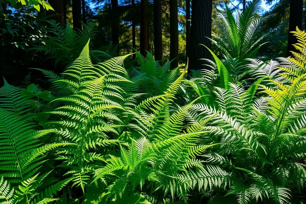 Espaço externo com várias espécies de samambaias criando uma atmosfera tranquila.