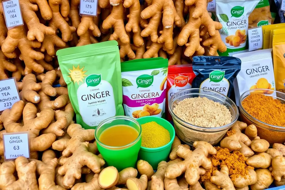 Exibição vibrante de raízes e produtos de gengibre