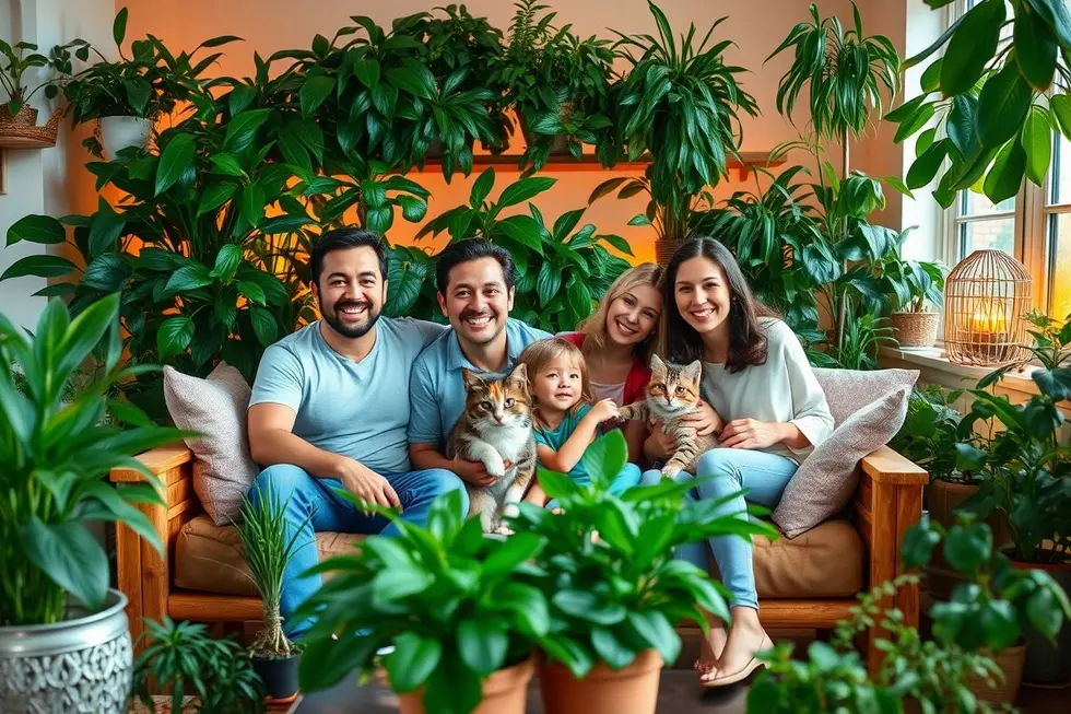 família com crianças e animais em ambiente com plantas seguras