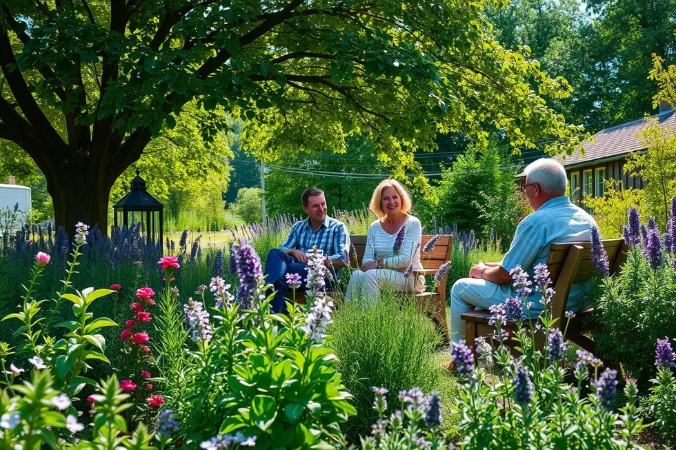 Família relaxando em um jardim cheio de plantas medicinais.