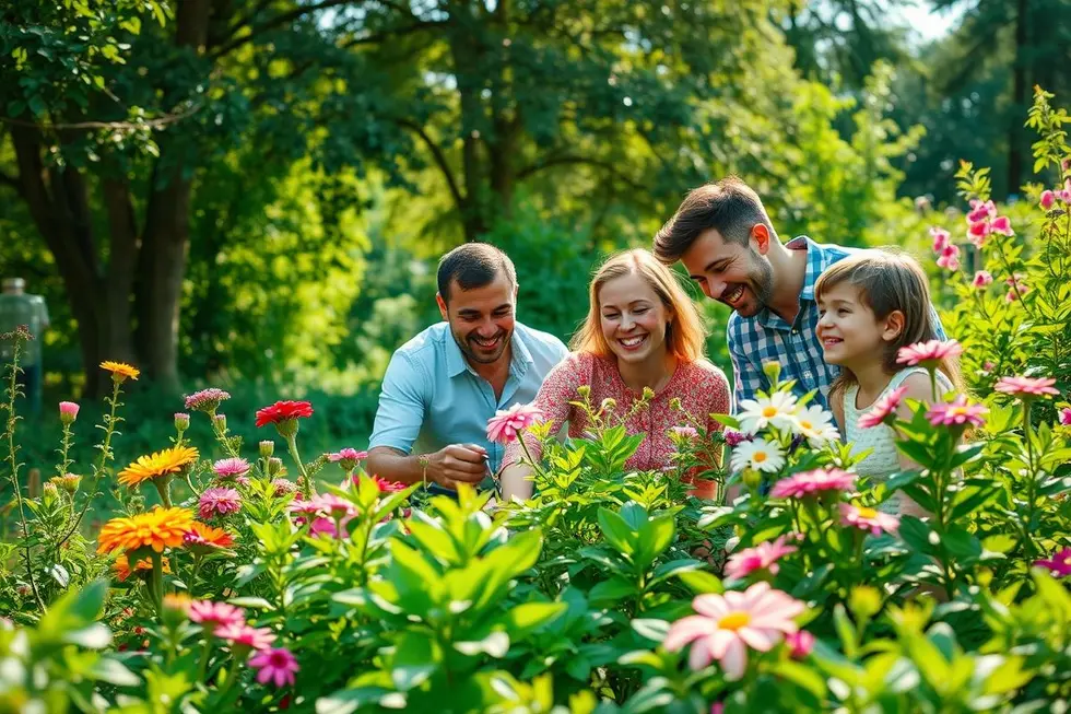 Família se conectando com a natureza e aprendendo sobre plantas medicinais