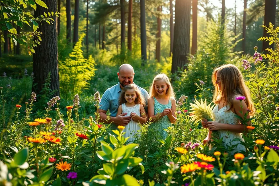 Família explorando a natureza cercada por plantas medicinais.