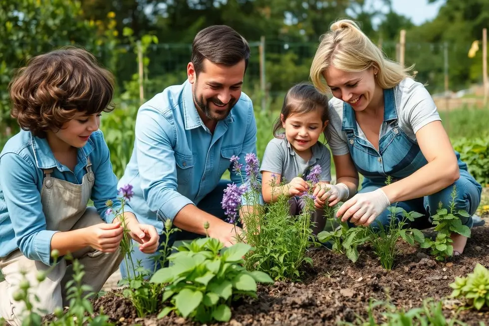 Família feliz cultivando ervas medicinais ao ar livre