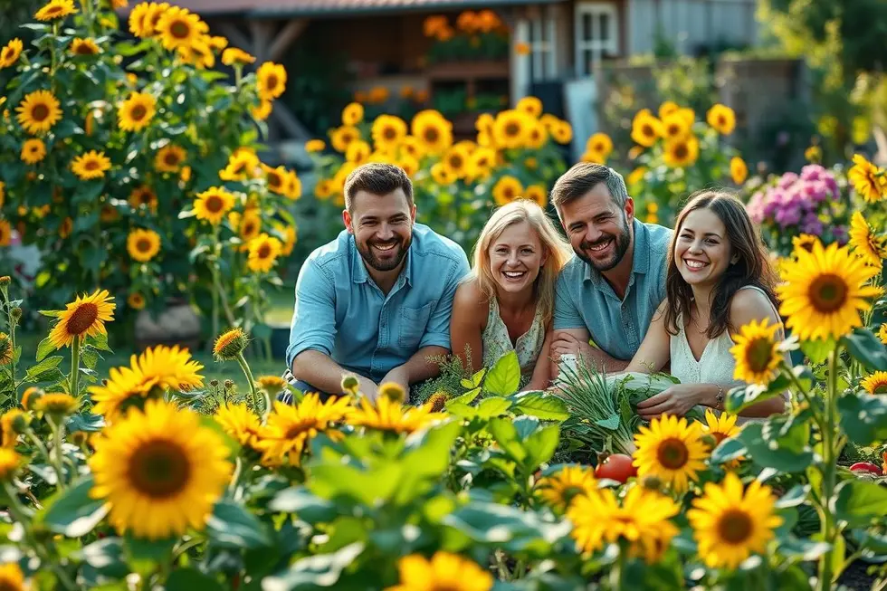 Uma família sorridente em seu jardim florido