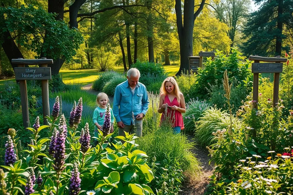 Família em um jardim de plantas medicinais