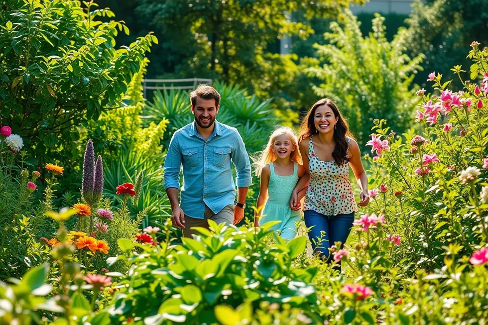 Família explorando um jardim cheio de plantas medicinais.
