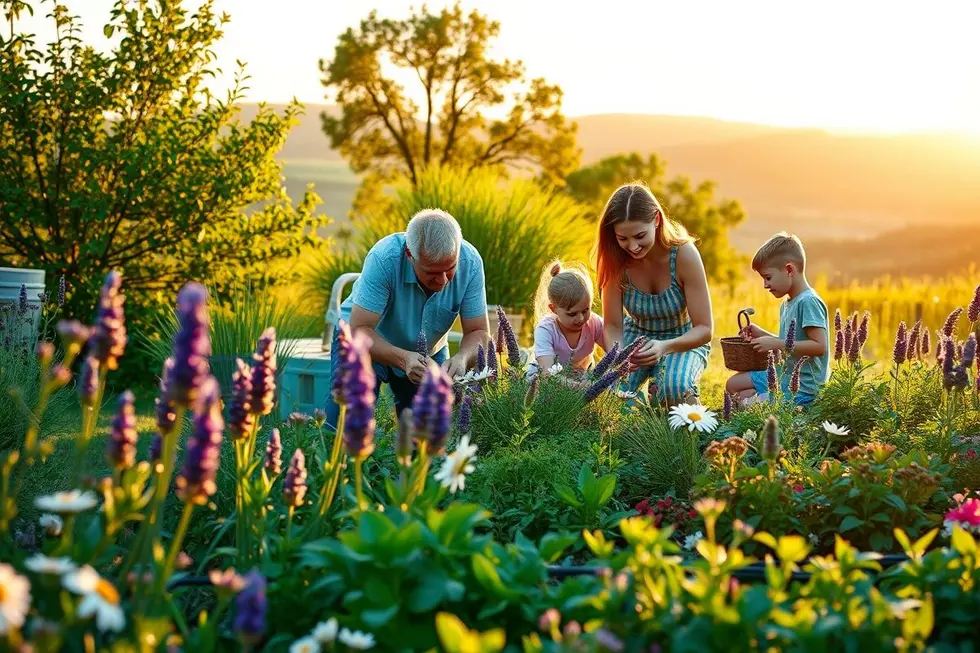Família desfrutando da natureza e do cultivo de plantas medicinais