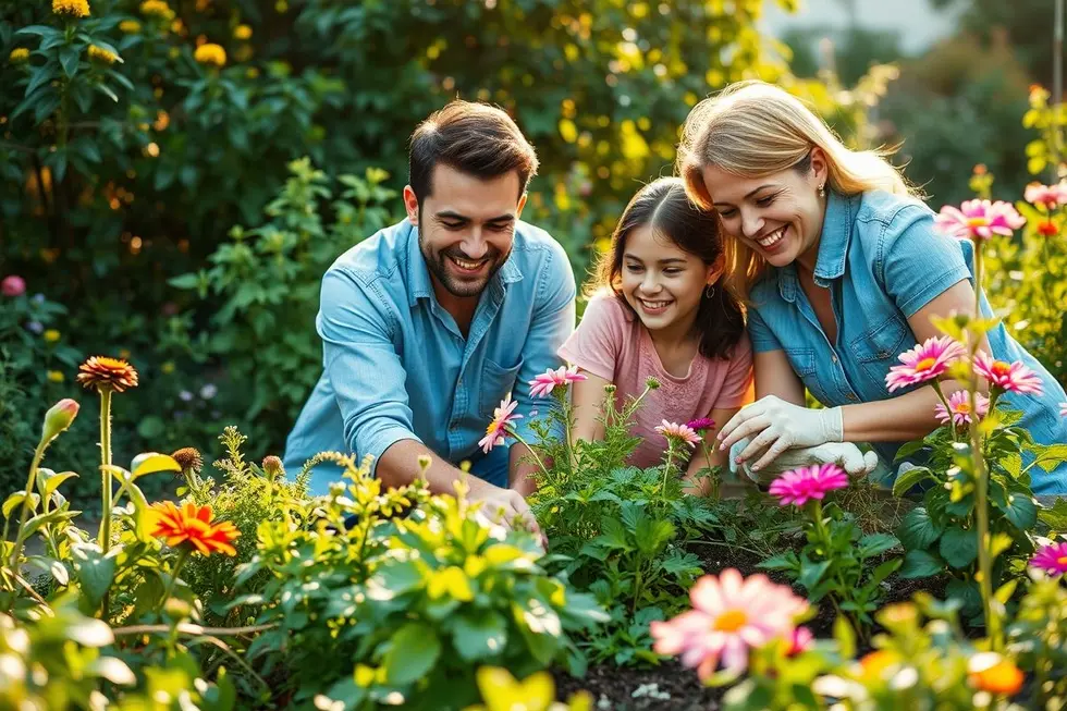 Família cultivando um jardim medicinal