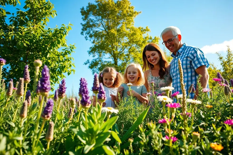 Família aproveitando tempo ao ar livre em um jardim de plantas medicinais.