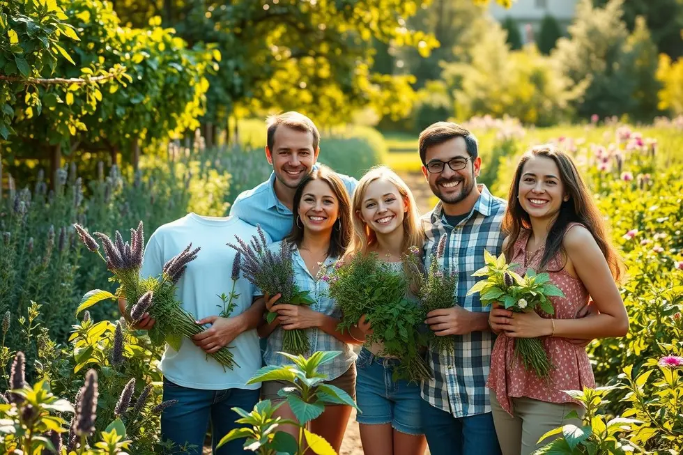 Família sorridente em um jardim de plantas medicinais