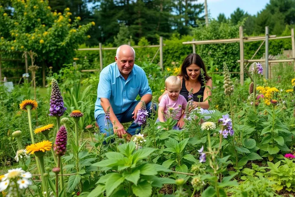 Família desfrutando de um dia ensolarado no jardim de plantas medicinais.