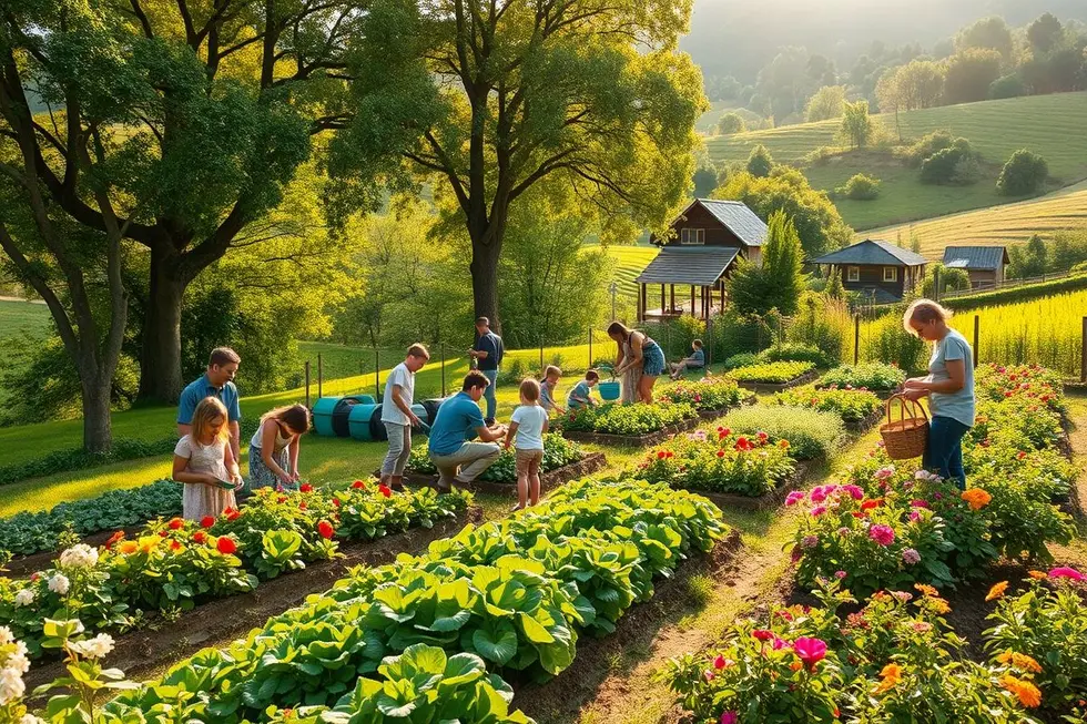 Famílias praticando jardinagem ao ar livre em um ambiente natural.