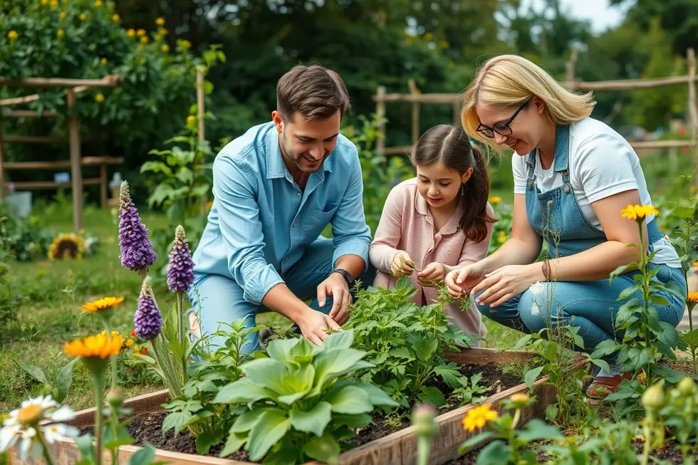 Família jardinando entre plantas medicinais em um ambiente ao ar livre
