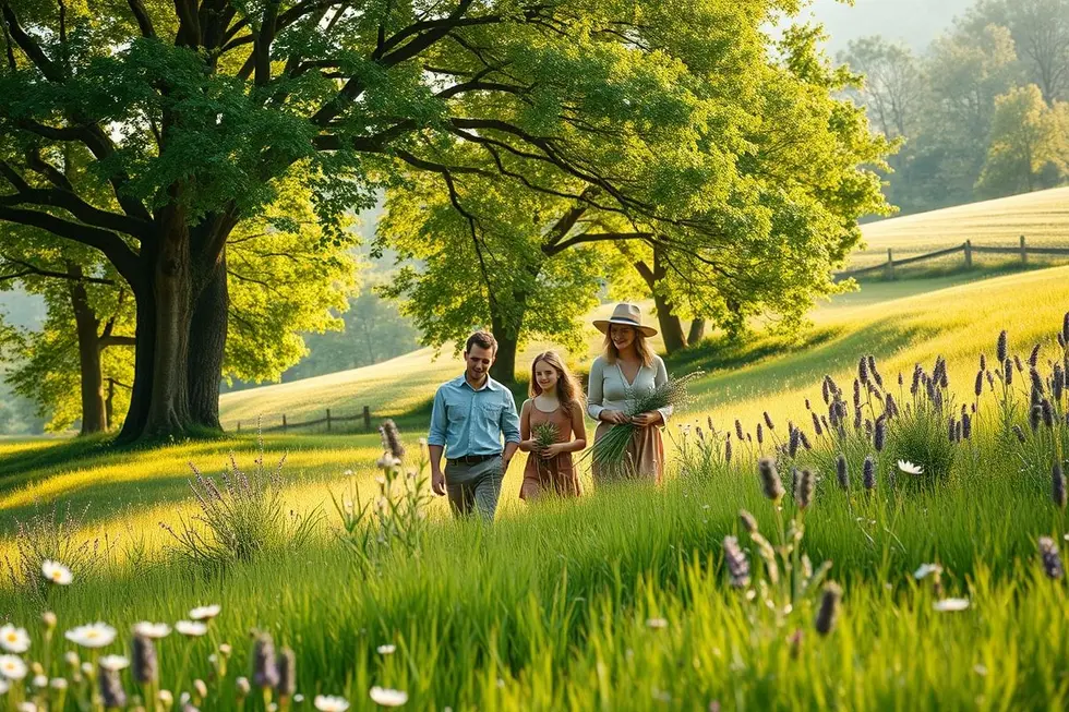 Família desfrutando de um ambiente natural com plantas medicinais