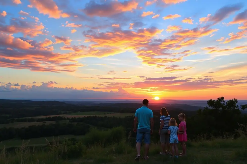 Família desfrutando de um momento ao ar livre em um cenário natural.