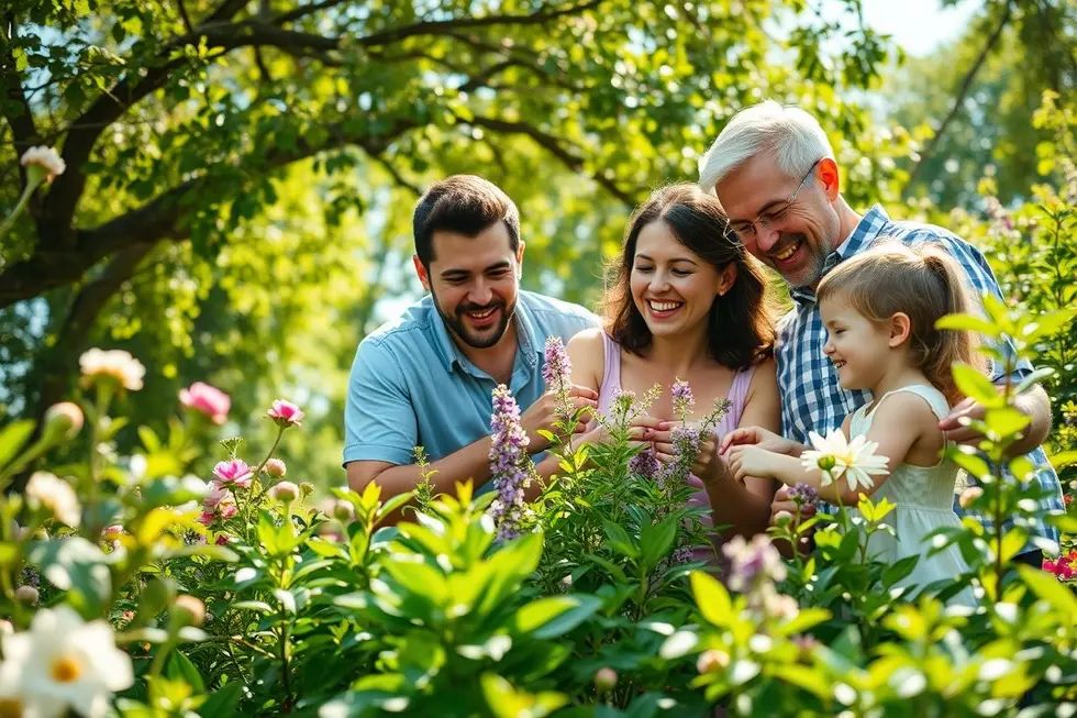 Família explorando a natureza e plantas medicinais